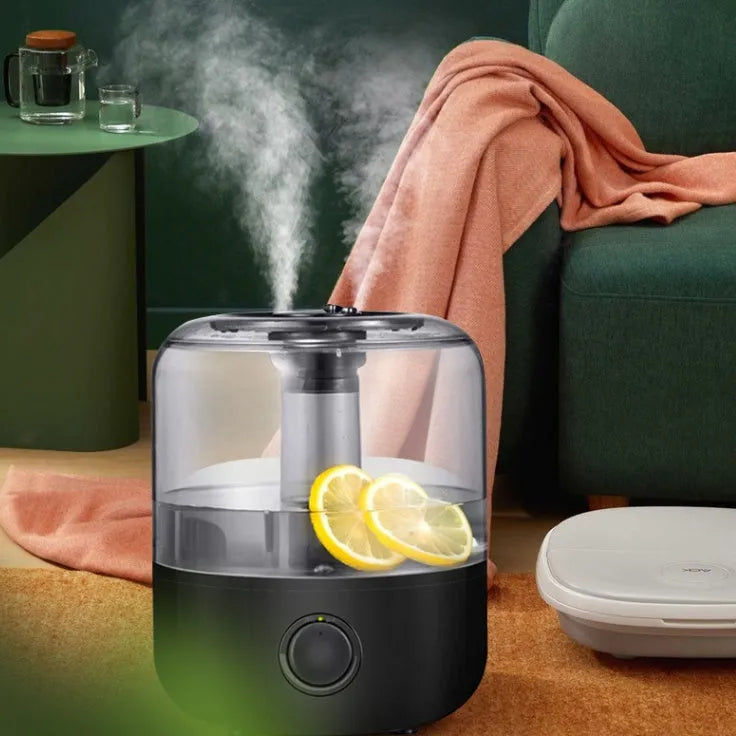 White or black mechanical humidifier with 3-litre tank, dimensions 183mm wide by 233mm tall.
