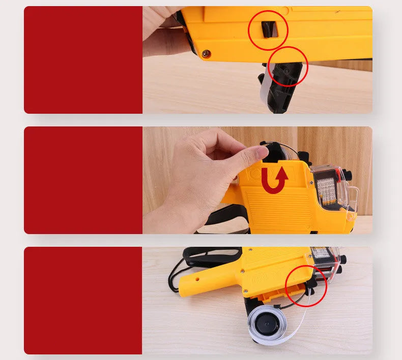 Manual price coding machine for supermarkets with bidirectional printing in blue, red, or yellow colours