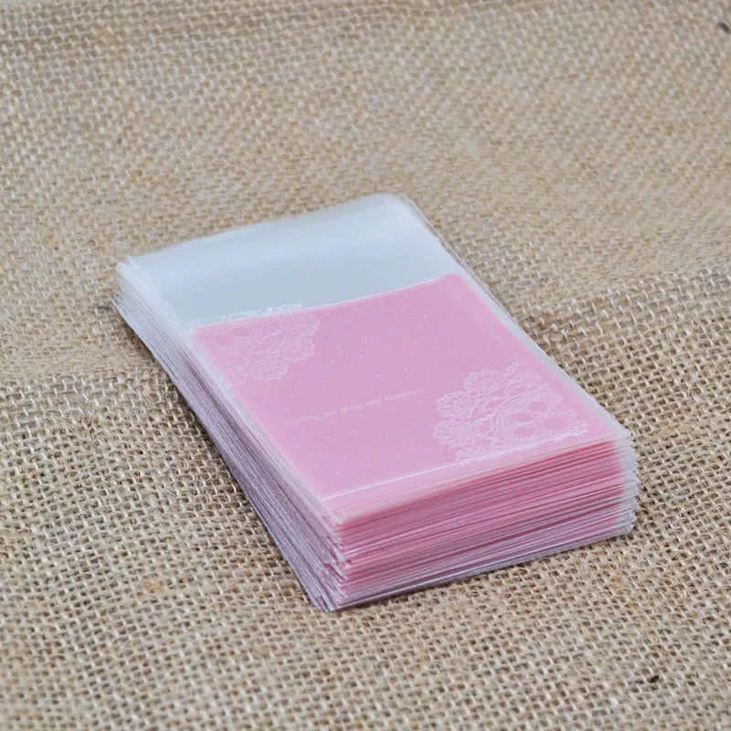 Pink self-adhesive plastic packaging bag for handmade soap with UV printing and 7x7 cm dimensions
