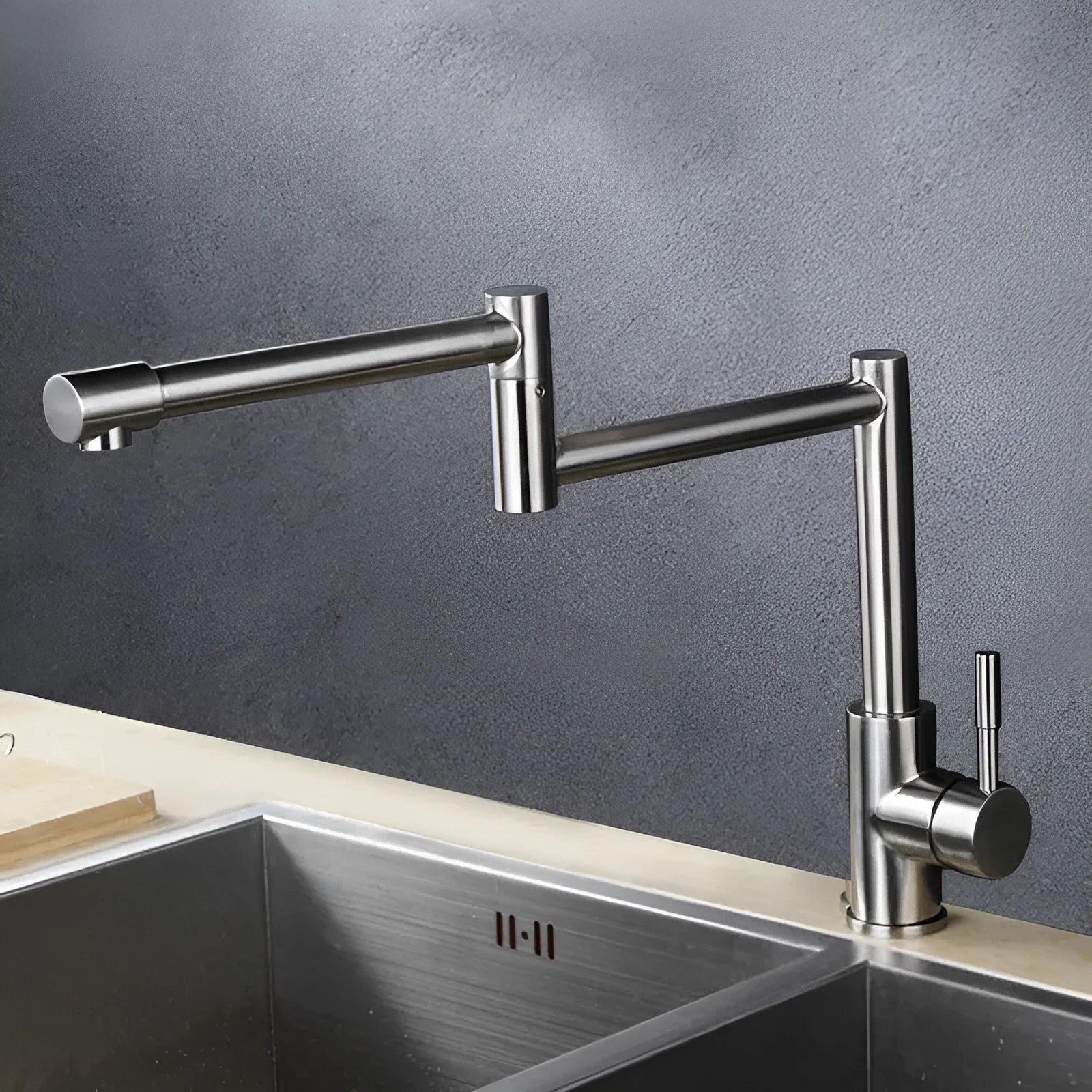 Silver stainless steel dual-handle mixer tap with 360-degree rotating spout