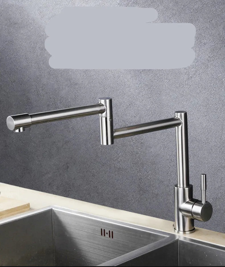 Silver stainless steel dual-handle mixer tap with 360-degree rotating spout