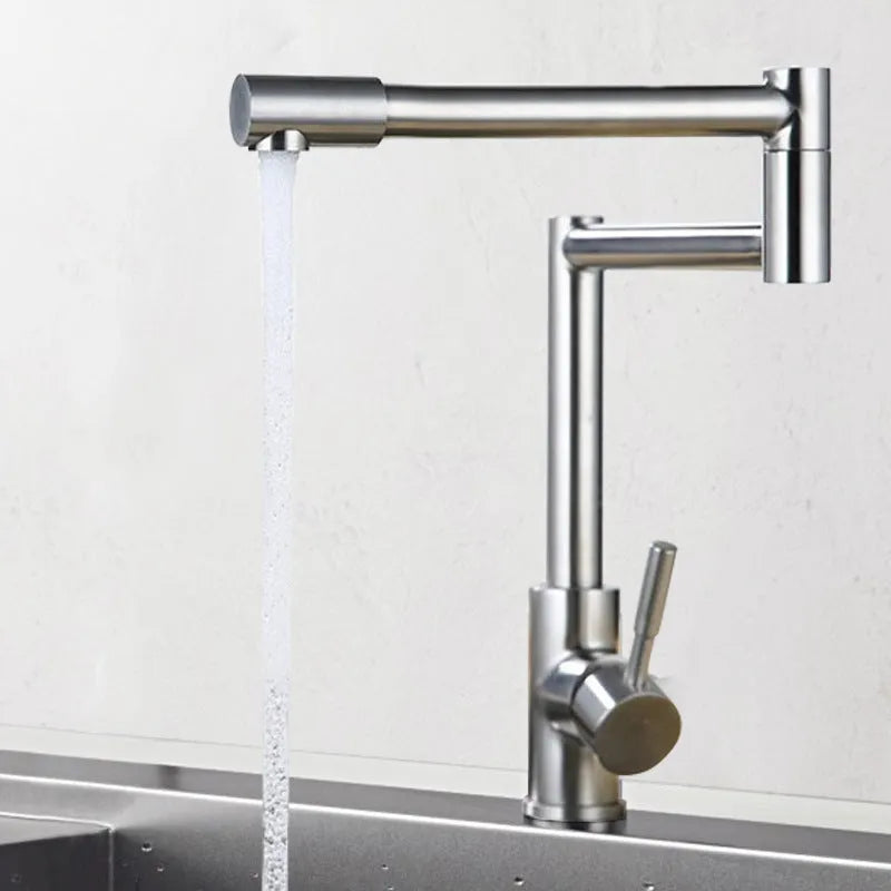 Silver stainless steel dual-handle mixer tap with 360-degree rotating spout