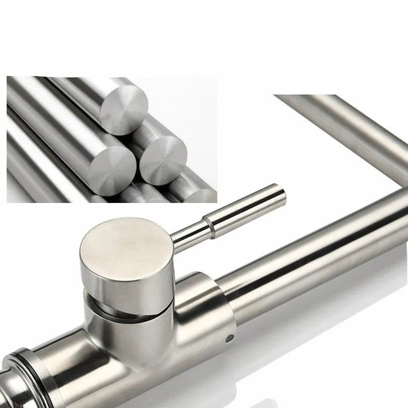 Silver stainless steel dual-handle mixer tap with 360-degree rotating spout