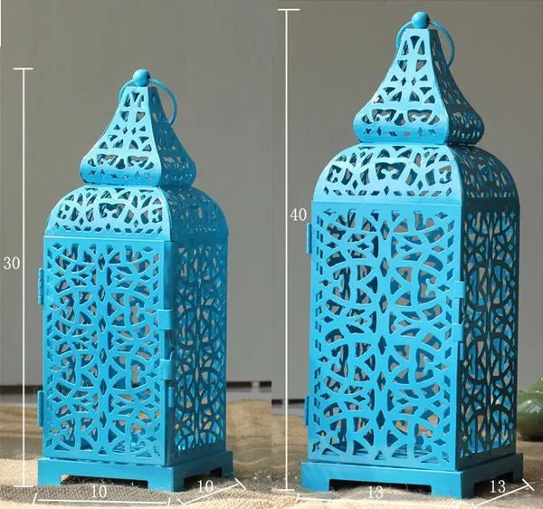 Geometric iron candlestick in retro design, shown in blue, white, or yellow colour.