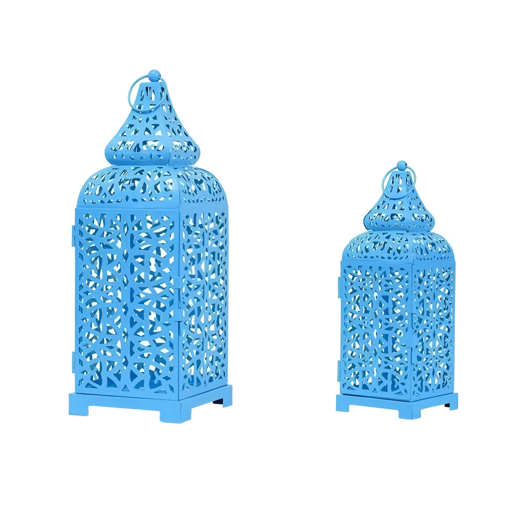 Geometric iron candlestick in retro design, shown in blue, white, or yellow colour.