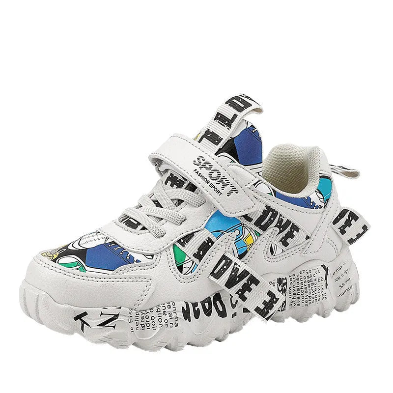 Boys' blue and beige spring sneakers with Velcro strap and thick rubber sole