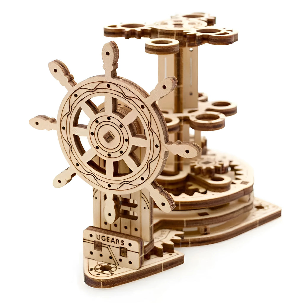 Ukrainian wooden rotating pen holder with steering wheel mechanism on wooden desktop
