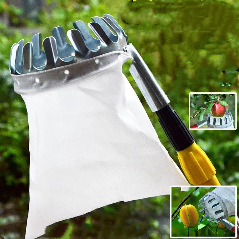 Steel-frame fruit picker basket with cloth catching bag for garden harvest