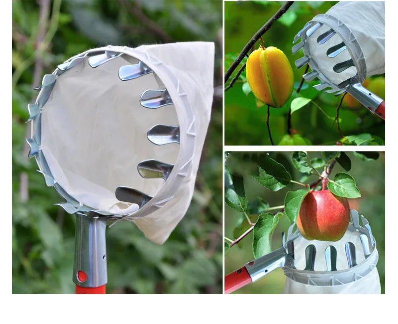 Steel-frame fruit picker basket with cloth catching bag for garden harvest