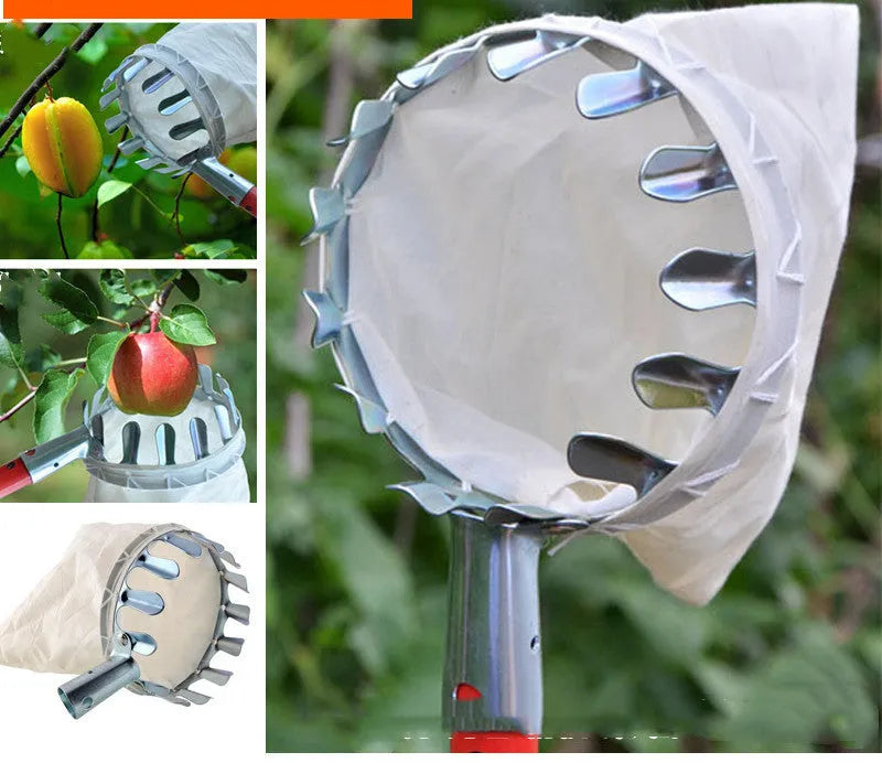 Steel-frame fruit picker basket with cloth catching bag for garden harvest
