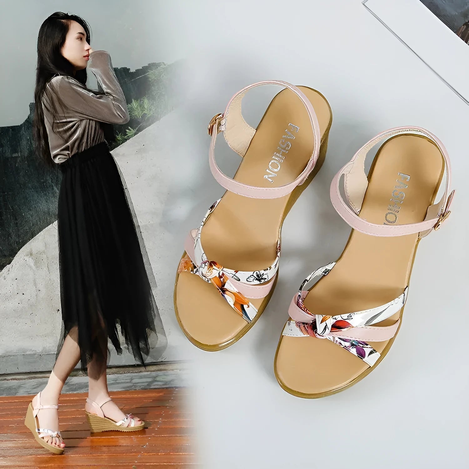 Pink and white women's wedge sandals with a thick platform sole and a single adjustable buckle strap.