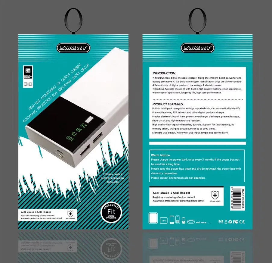 Black 20000mAh power bank showing compact 135x60x20mm dimensions with included charging cable