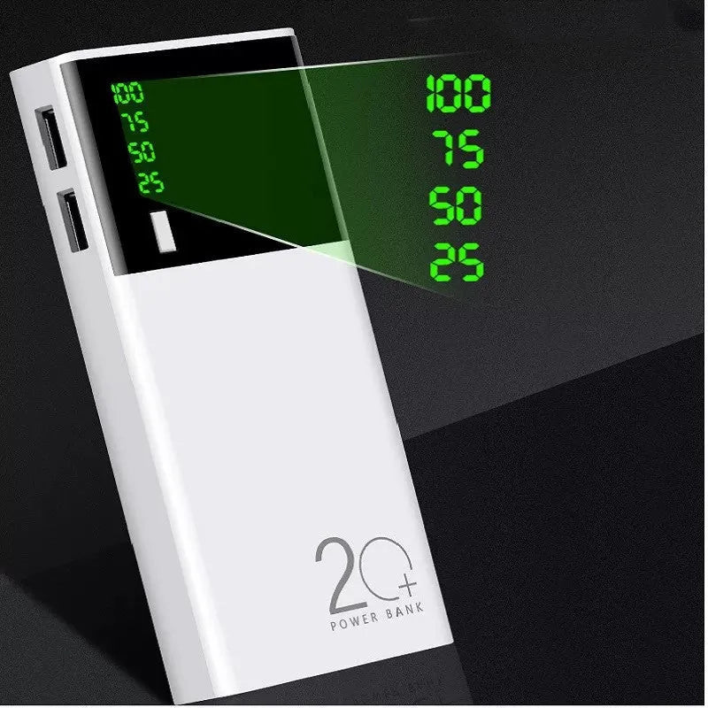 Black 20000mAh power bank showing compact 135x60x20mm dimensions with included charging cable