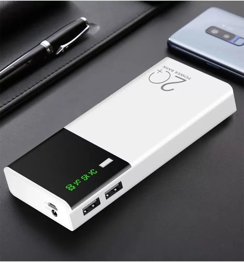 Black 20000mAh power bank showing compact 135x60x20mm dimensions with included charging cable