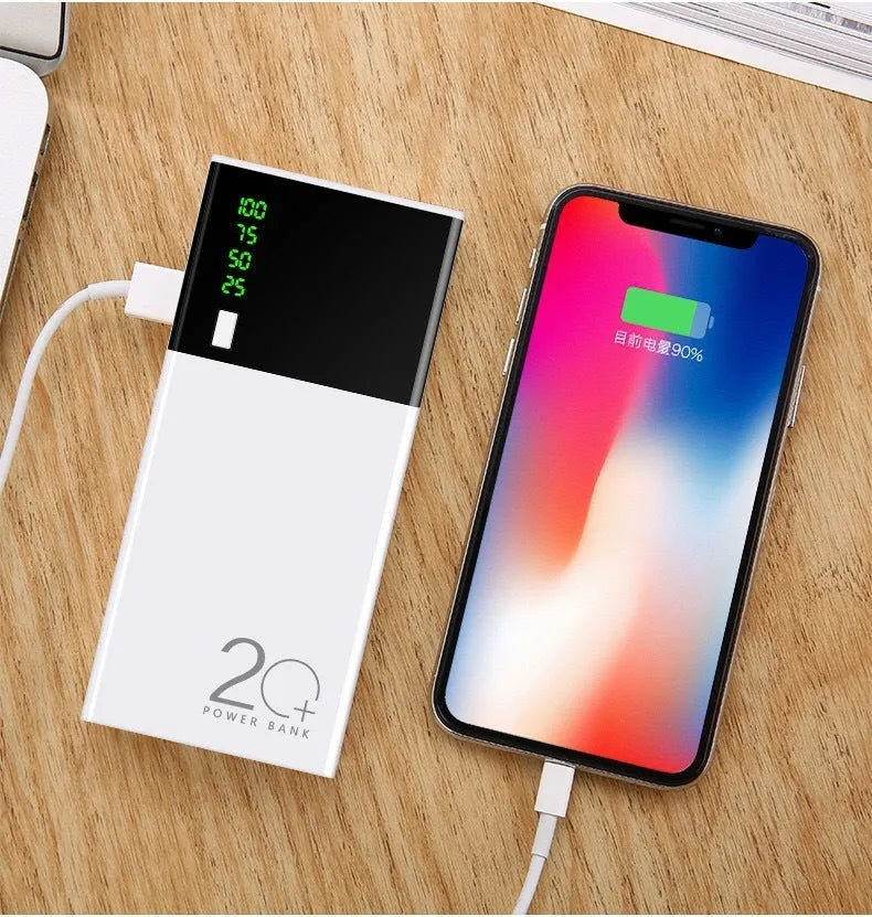 Black 20000mAh power bank showing compact 135x60x20mm dimensions with included charging cable