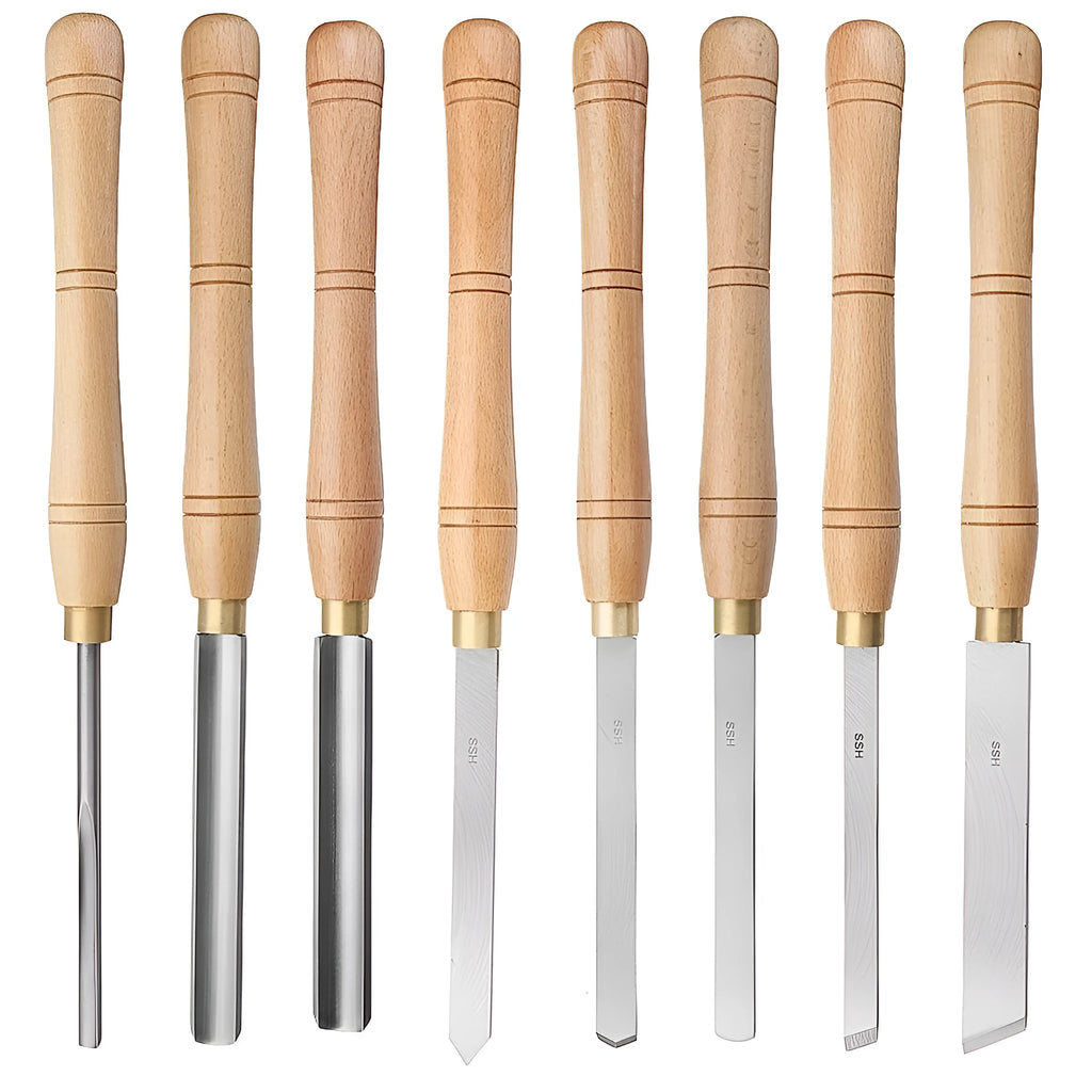 8-piece woodturning tool set in wooden storage box with chrome vanadium alloy steel construction