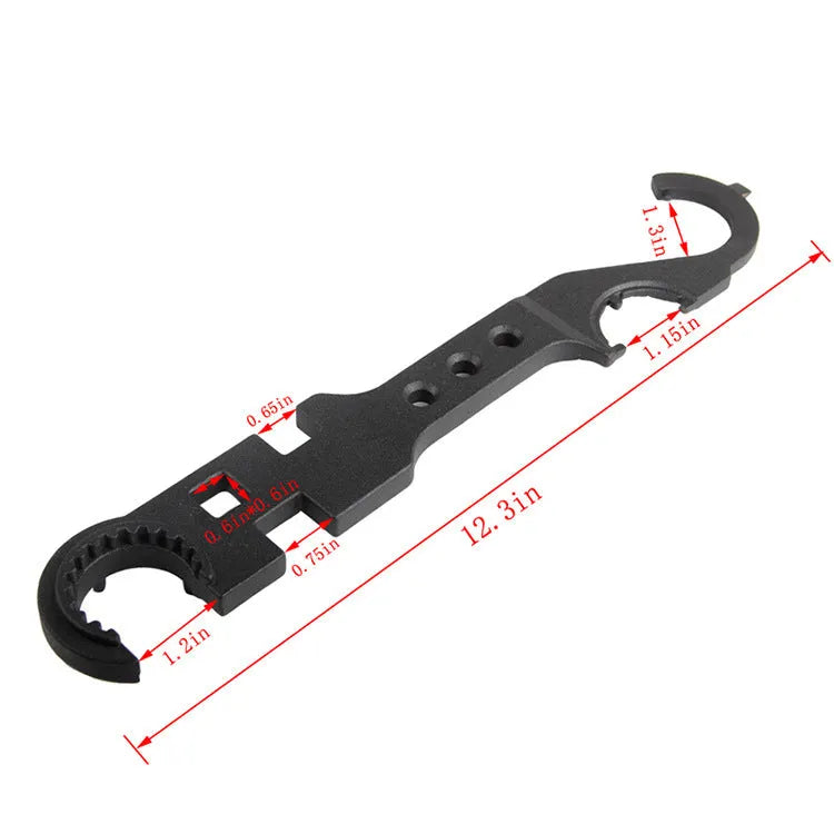 Black steel multi-function combination wrench for AR-15 and M4 rifles on a plain background.