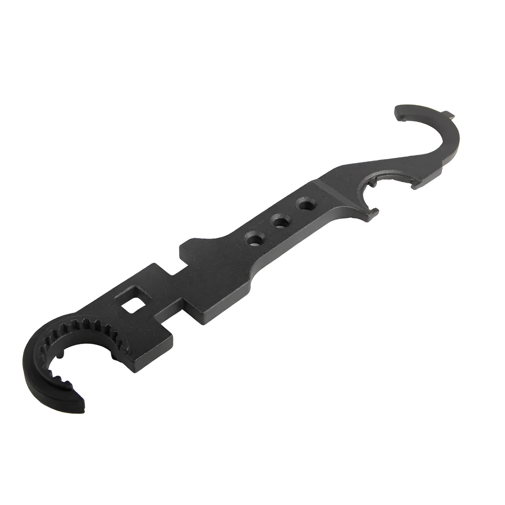 Black steel multi-function combination wrench for AR-15 and M4 rifles on a plain background.