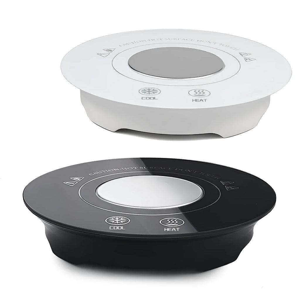 USB powered black and white hot cold coaster for beverage temperature control on a desk