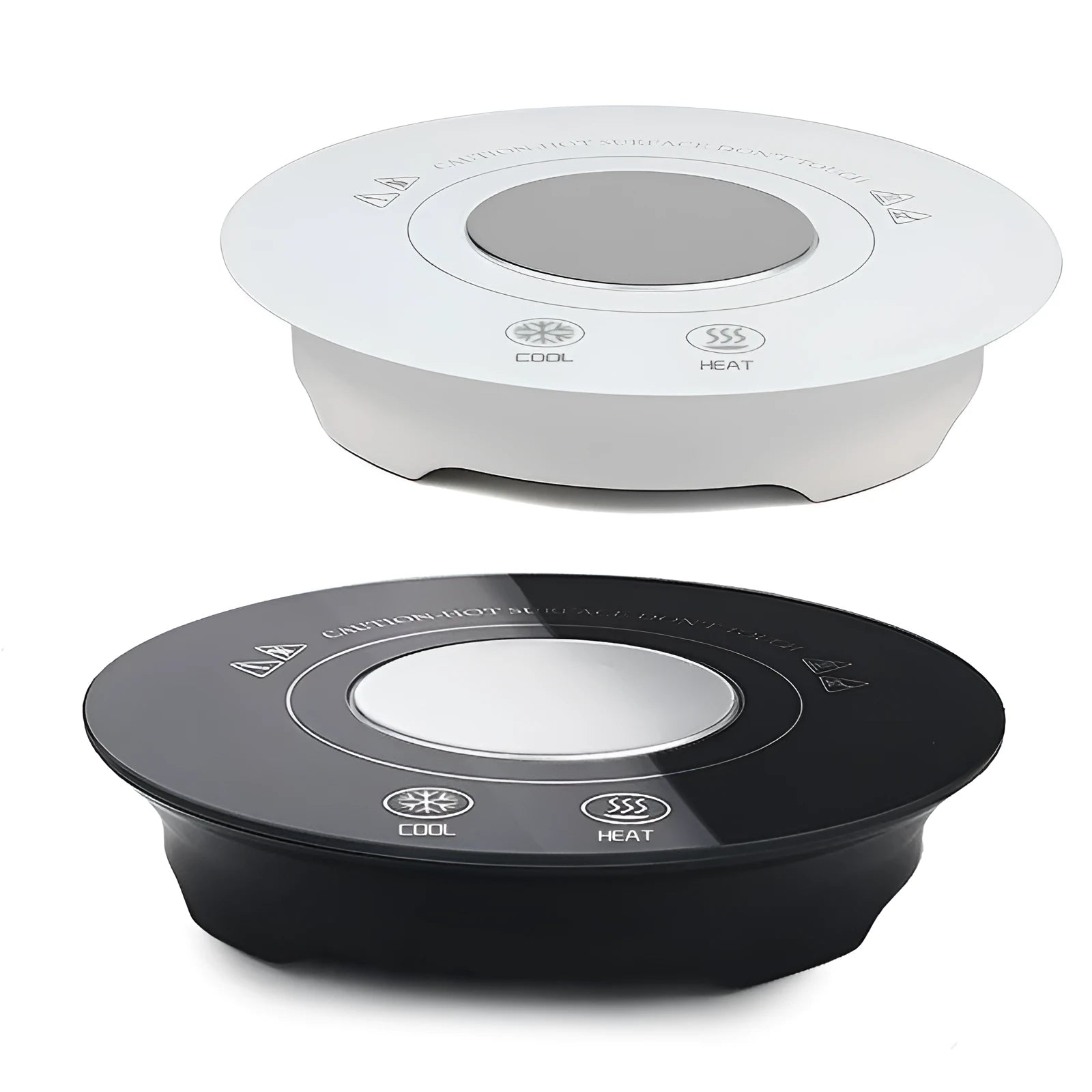 USB powered black and white hot cold coaster for beverage temperature control on a desk
