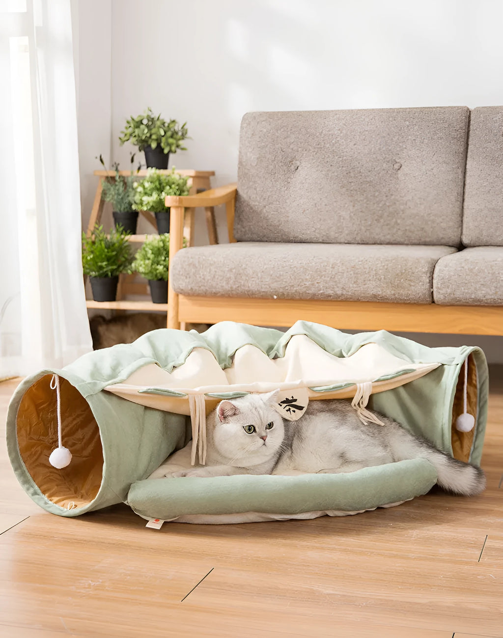 Collapsible cloth cat tunnel toy shown in one of four colours: bar, coffee, matcha, or pink