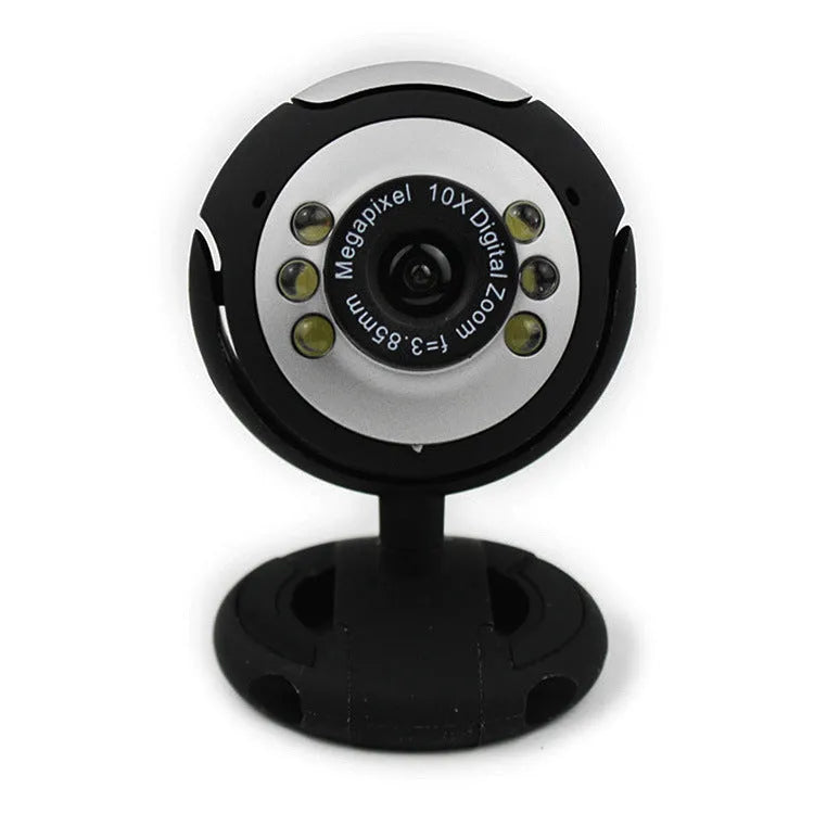USB webcam with six white LED lights around the lens for video calling in low light