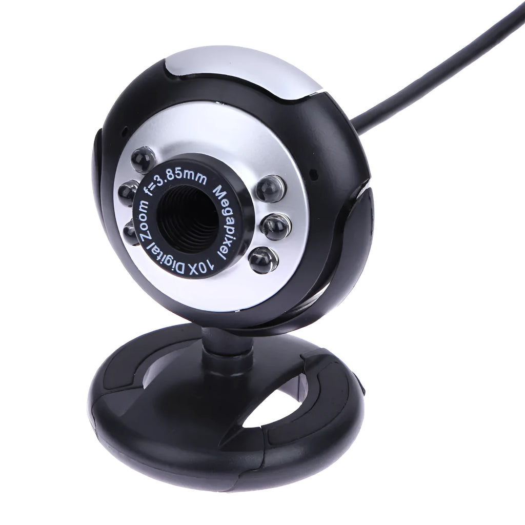 USB webcam with six white LED lights around the lens for video calling in low light