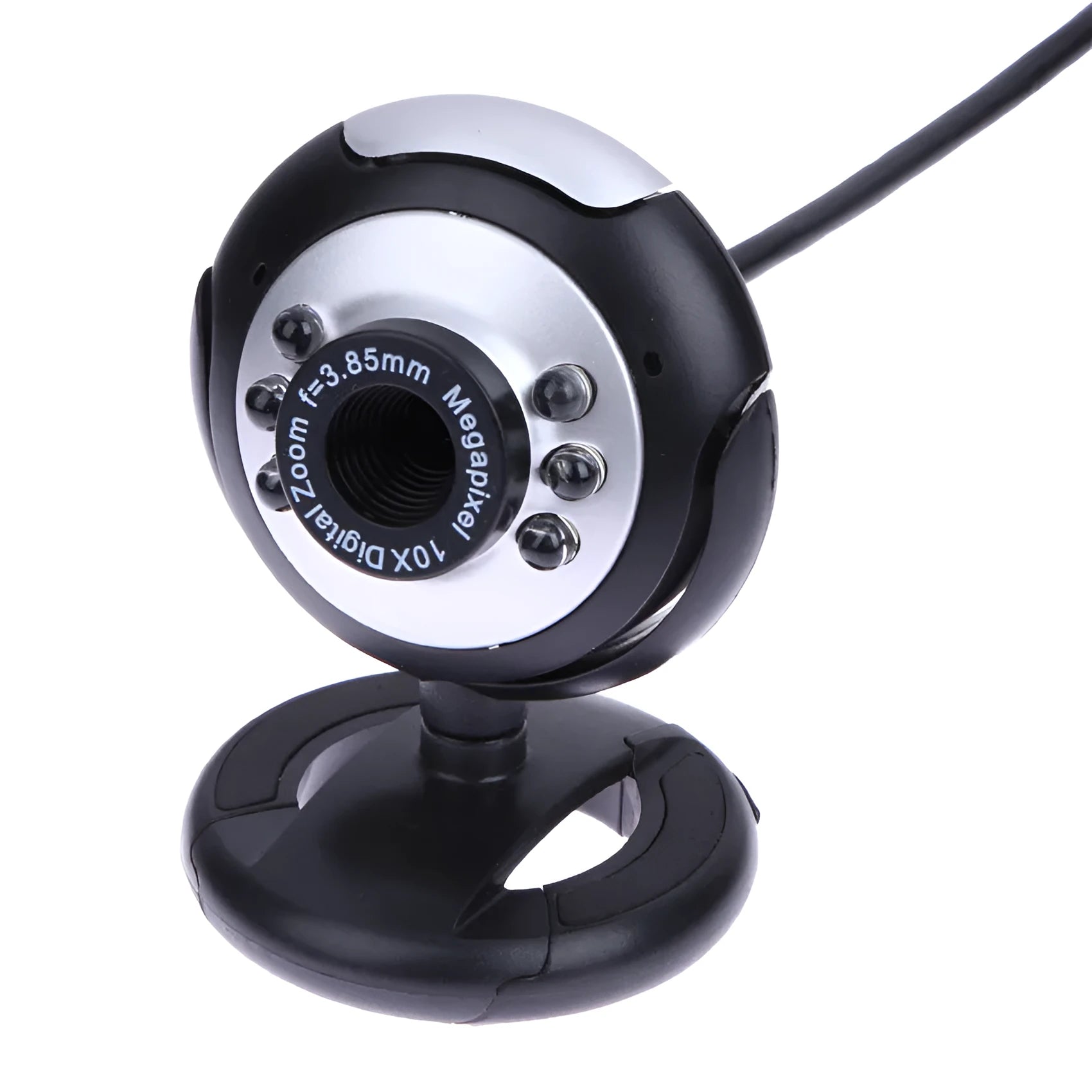 USB webcam with six white LED lights around the lens for video calling in low light