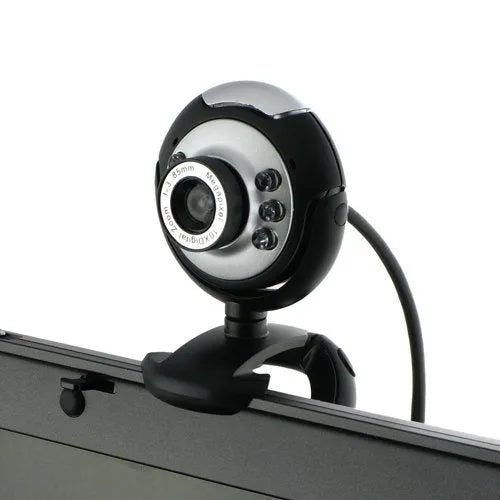 USB webcam with six white LED lights around the lens for video calling in low light