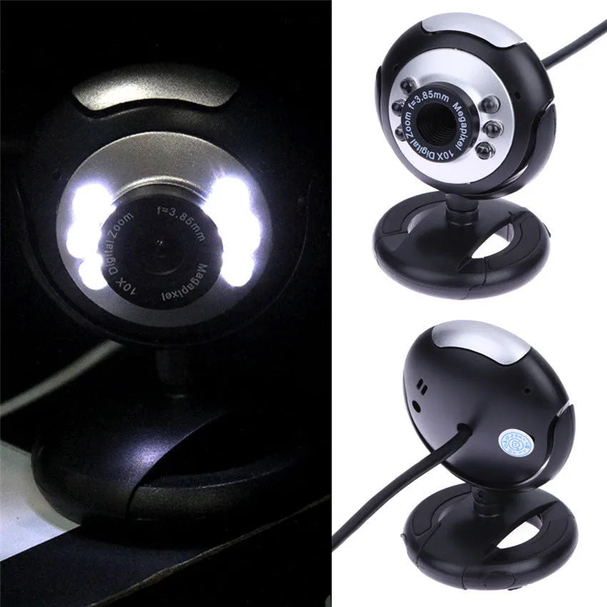 USB webcam with six white LED lights around the lens for video calling in low light