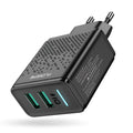 Dual port USB charger with European plug in black and white colour options