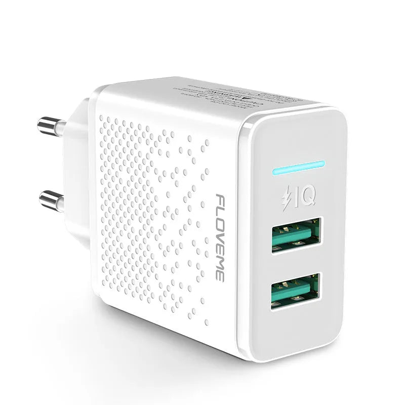 Dual port USB charger with European plug in black and white colour options