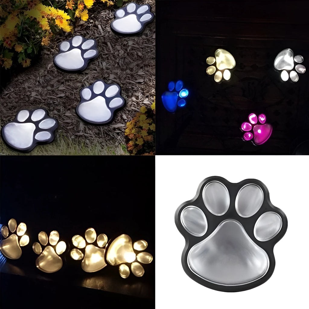 Four black bear paw-shaped solar garden lights connected to central solar panel pole