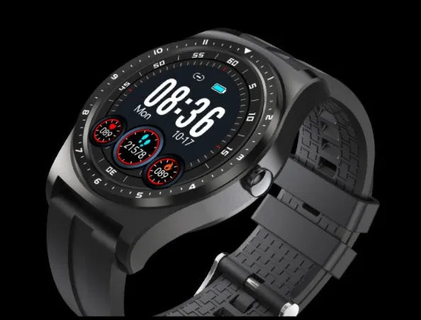 Black full touch smart watch with heart rate and blood pressure monitoring on a wrist