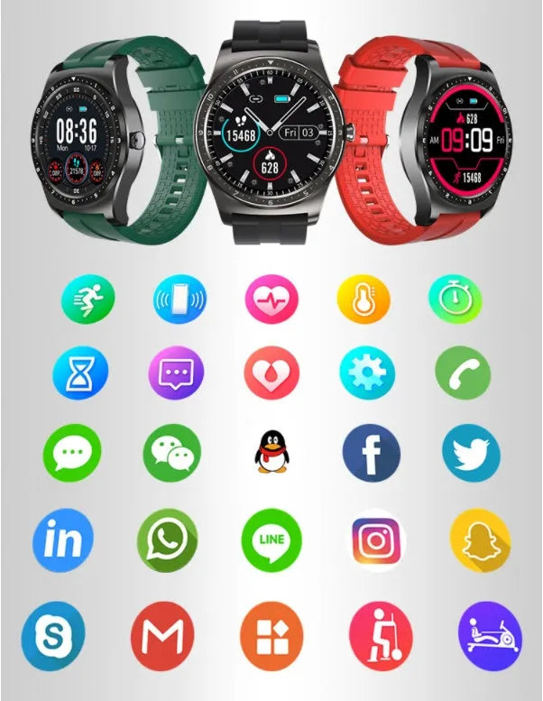 Black full touch smart watch with heart rate and blood pressure monitoring on a wrist