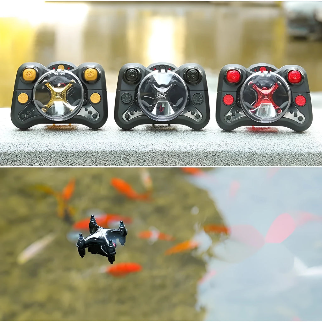 Compact bright gold fixed height remote control quadcopter aircraft with four blades and a handle-style remote.