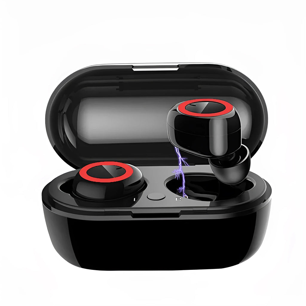 Black and red TWS Bluetooth wireless stereo earbuds showing earplug design.