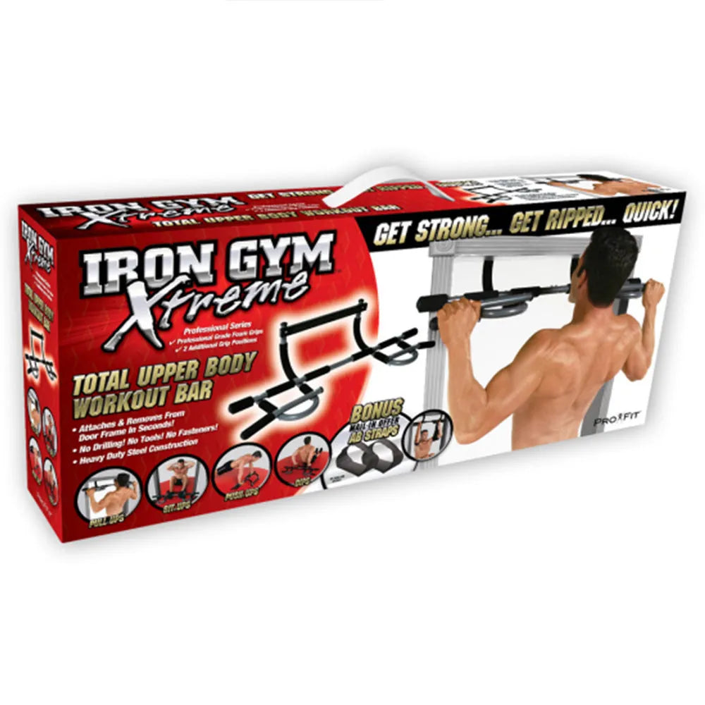 Black steel tension pull-up bar mounted in door frame for home fitness
