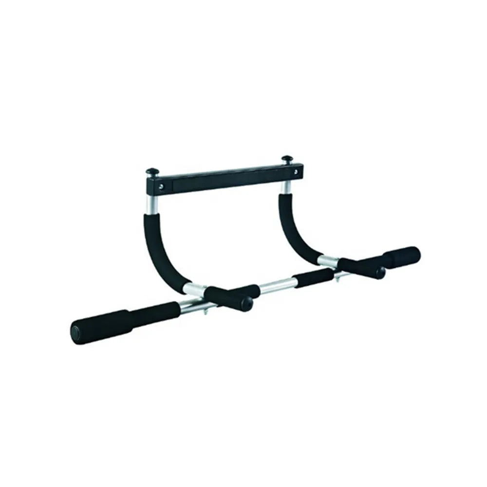 Black steel tension pull-up bar mounted in door frame for home fitness