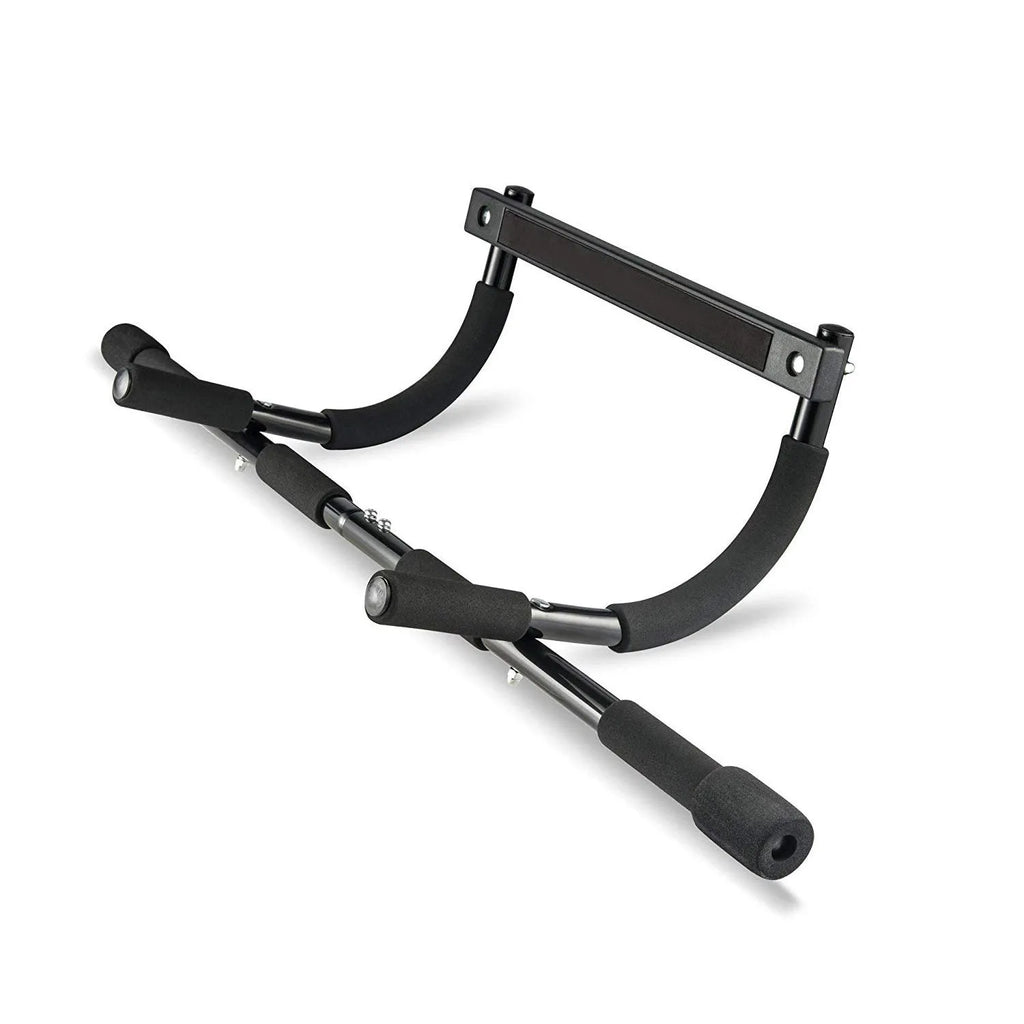Black steel tension pull-up bar mounted in door frame for home fitness