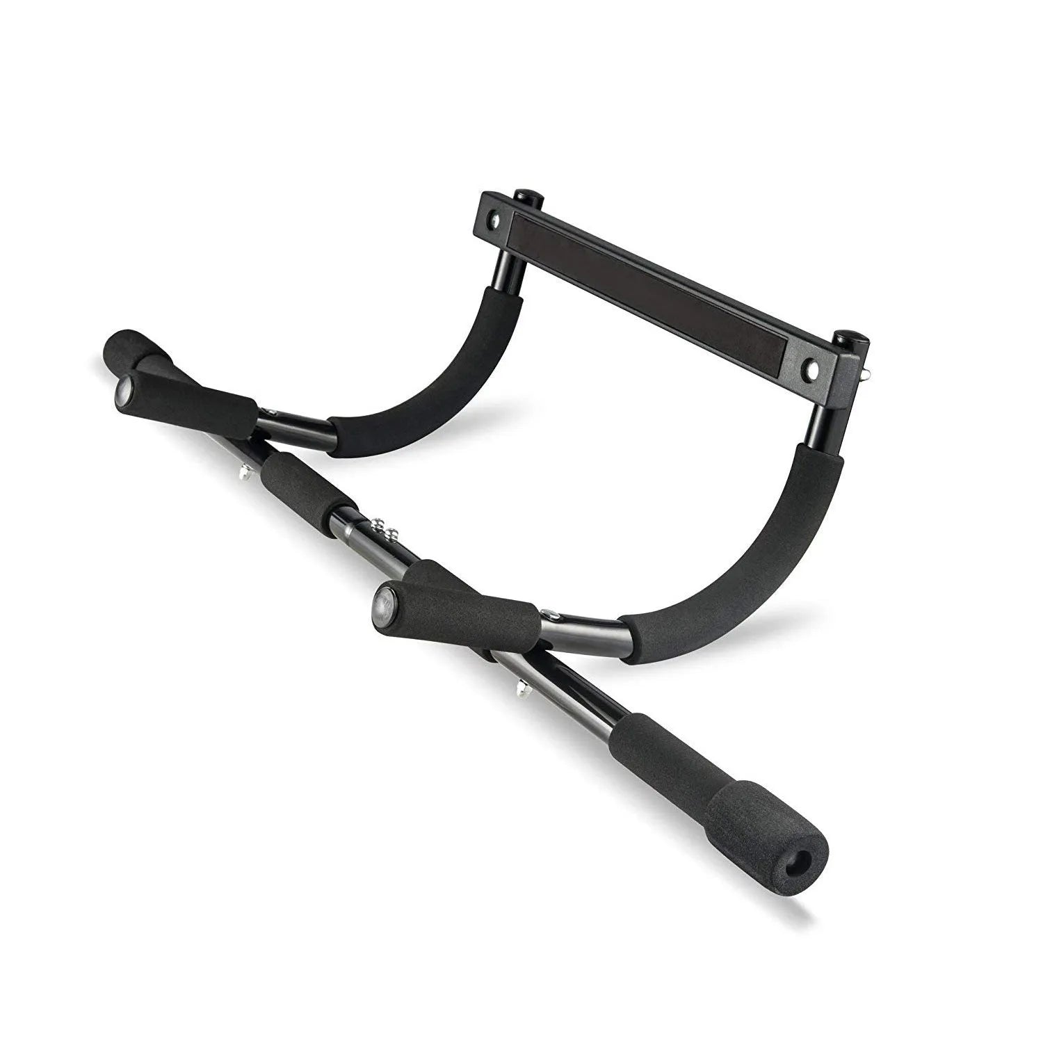 Black steel tension pull-up bar mounted in door frame for home fitness