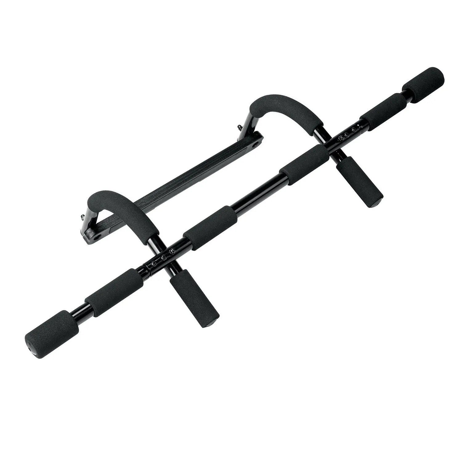Black steel tension pull-up bar mounted in door frame for home fitness