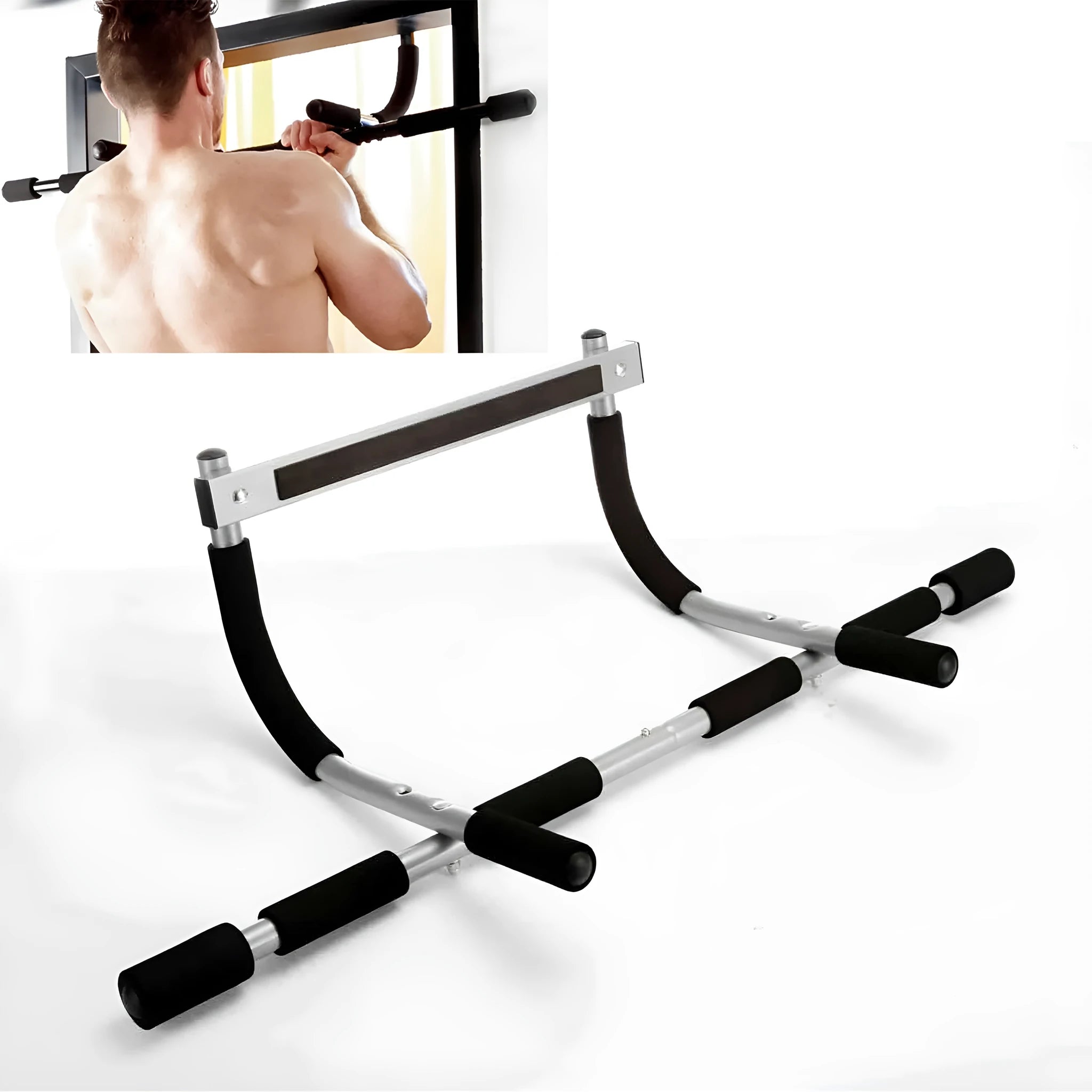 Black steel tension pull-up bar mounted in door frame for home fitness