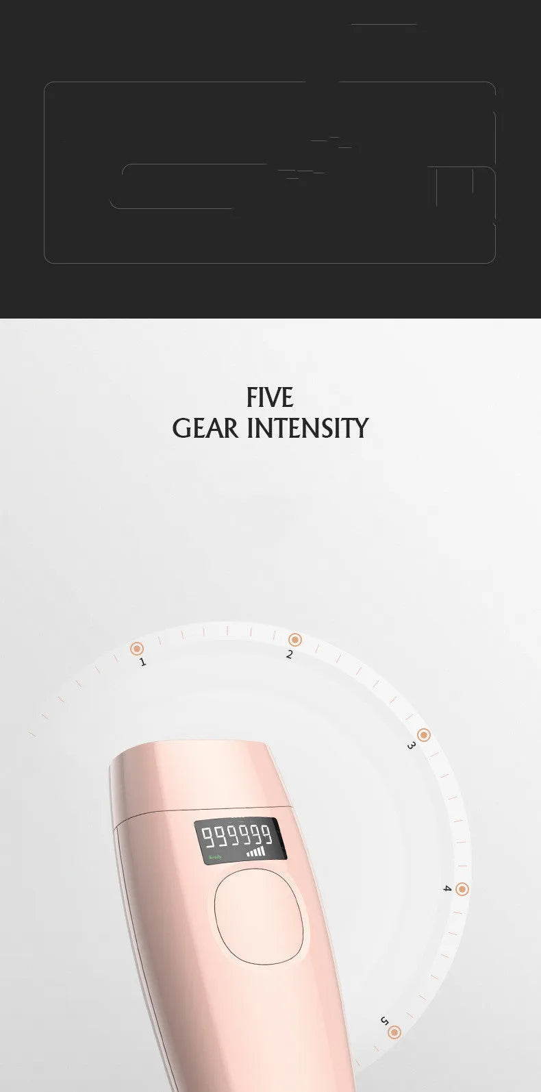 Laser beauty hair removal device in pink and white with ABS body, 15x6.5x3.5cm, includes glasses and scraper