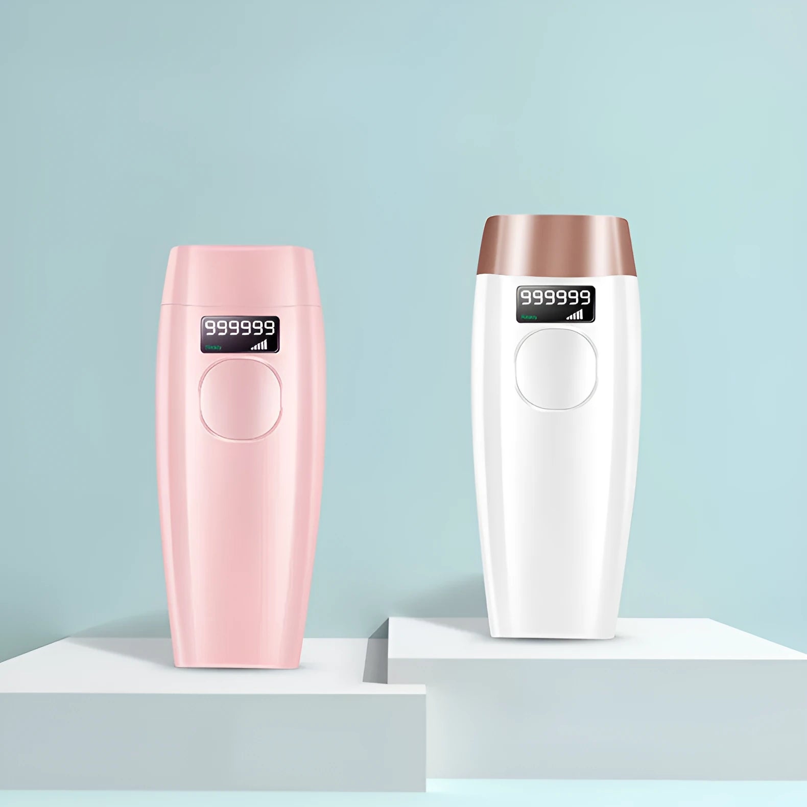 Laser beauty hair removal device in pink and white with ABS body, 15x6.5x3.5cm, includes glasses and scraper