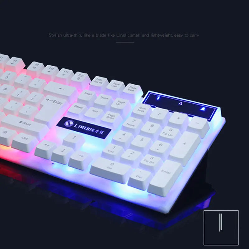 GTX300 black and white gaming keyboard and mouse set with backlit keys on desk