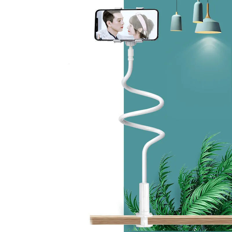 Memory alloy mobile phone holder positioned at bedside with universal adjustment for phones and tablets