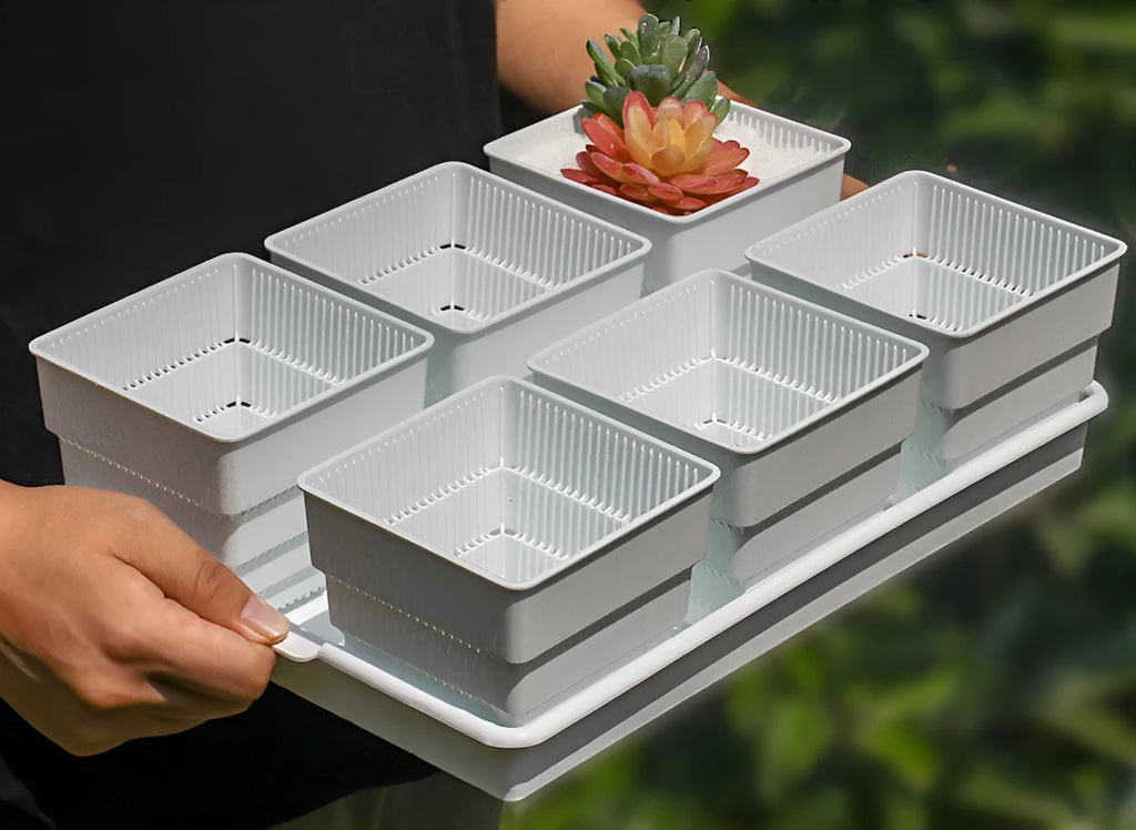 Meishi black and white resin flower pot with drainage tray for succulents and plants on a desk