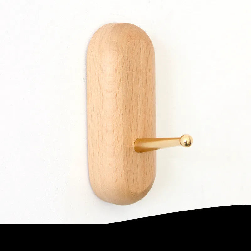 Beech wood adhesive wall hook with brass hook in round, capsule, oval, diamond and square shapes