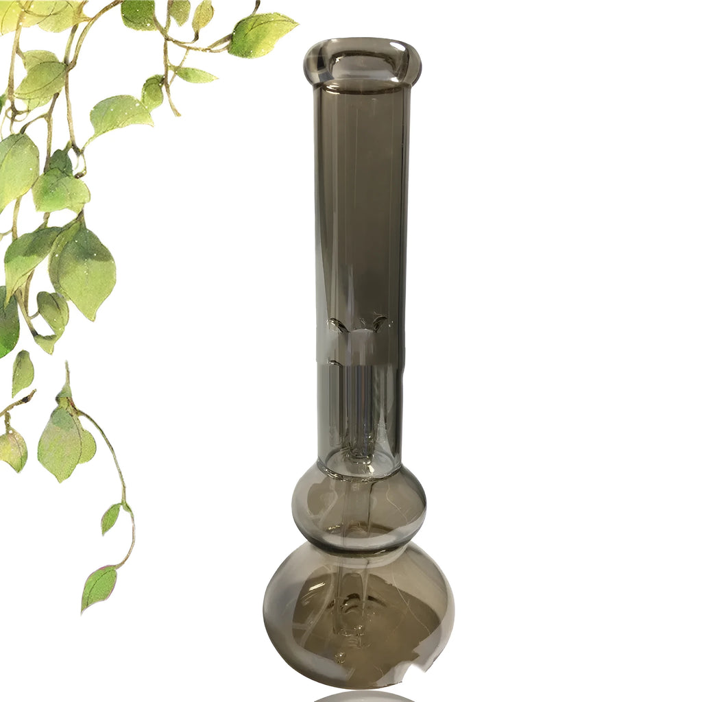 Clear geometric glass vase with stable base on a tabletop.
